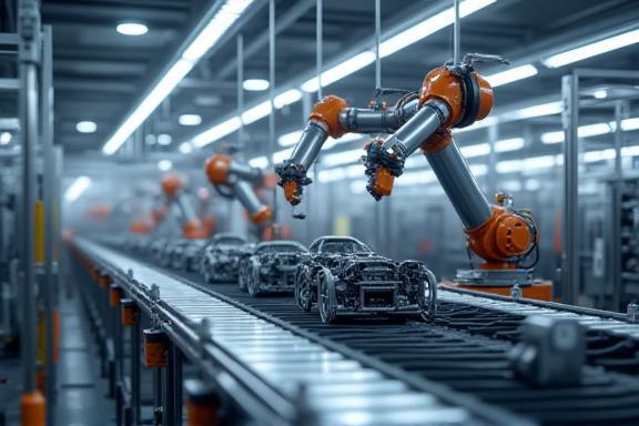ロボットアームが精密作業を行う自動化された製造ライン