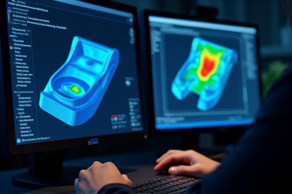CADソフトウェアによる自動車部品の3D設計画面と解析結果